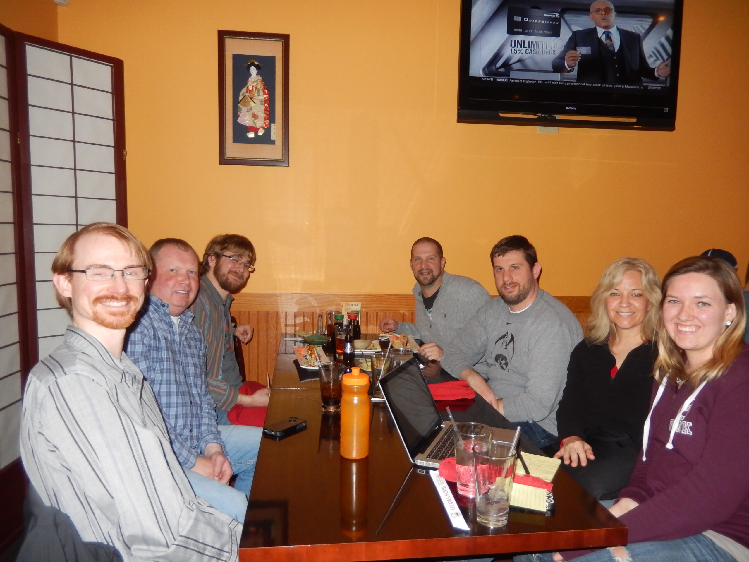 From left to right: Aaron Frerichs, Mike Irvine, Seth Adam, Aaron Van Noy, Nate Houstman, Donna Conn and Donna's daughter Kathline Kay Conn at Oyama Sushi & Steakhouse.