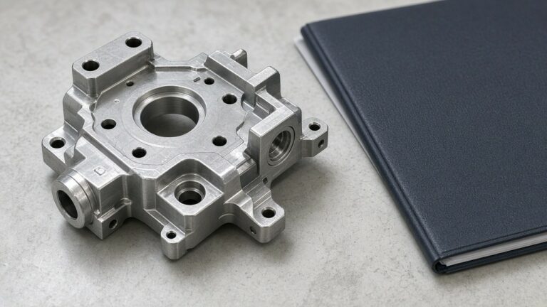 Precision aerospace component beside closed document folder