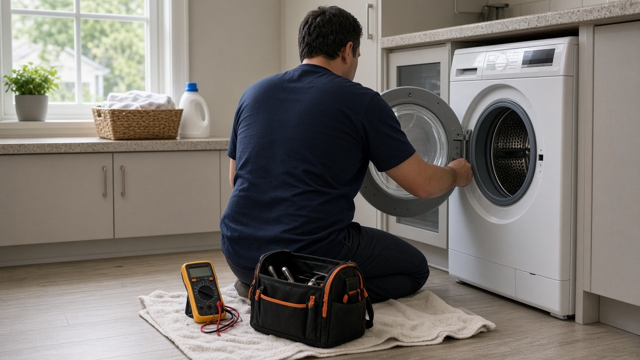 Appliance technician working on a front-load washer in a laundry room, multimeter beside him