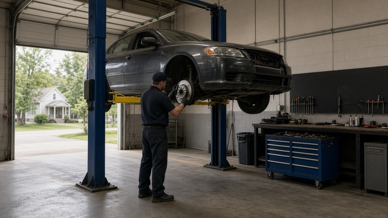 Mechanic inspecting brakes on a car raised on a lift in a small-town repair shop
