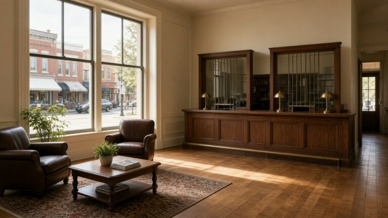 Small-town bank lobby with wood teller counters and windows onto Main Street