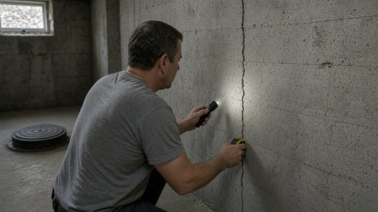 Technician measuring a crack in a poured basement wall with a flashlight and tape