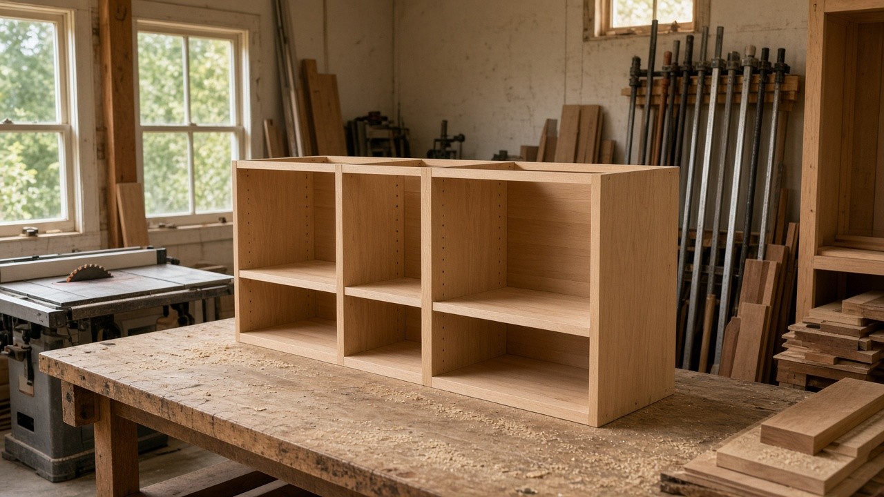 Unfinished cabinet boxes on a workbench in a small cabinet shop