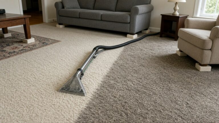 Living room carpet half cleaned, showing the difference between clean and dingy sections