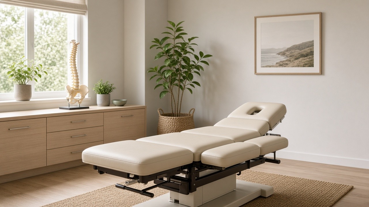 Quiet chiropractic room with an adjusting table and a spine model
