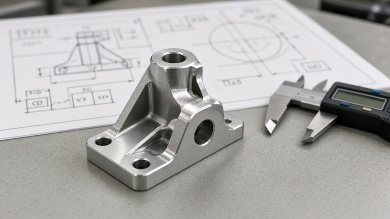 Machined aluminum part with caliper and drawing — inspection proof