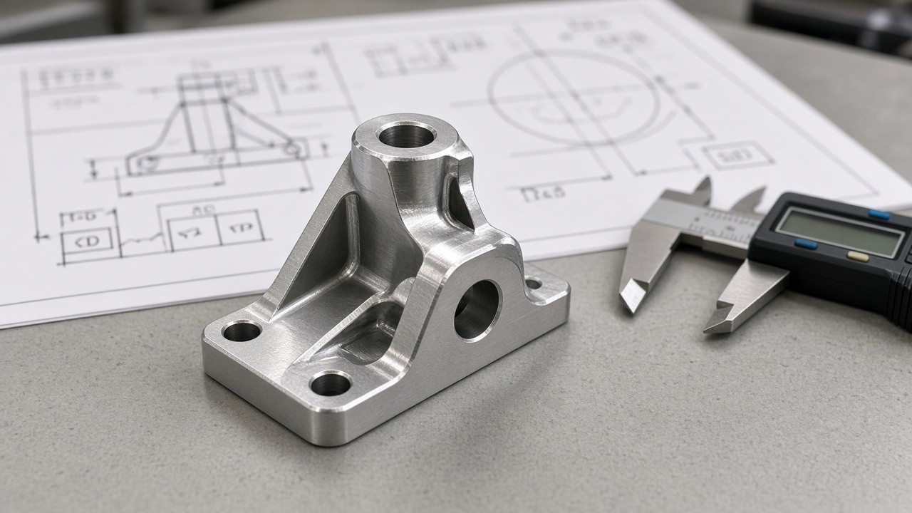 Machined aluminum part with caliper and drawing — inspection proof