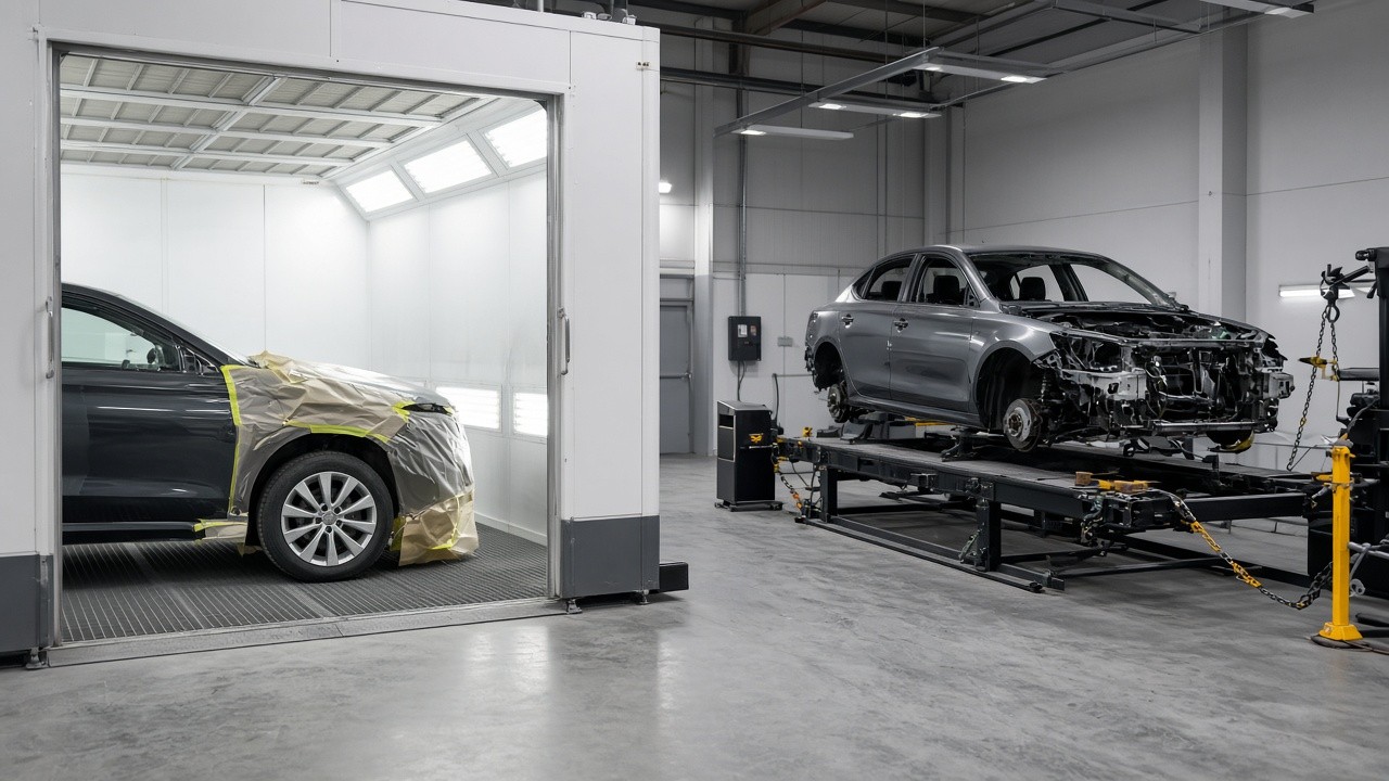 Masked car in a paint booth and a car on a frame machine in a collision shop
