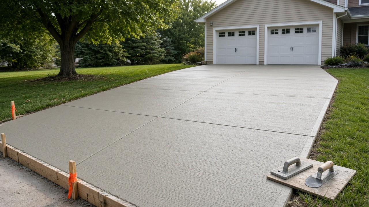 Newly poured broom-finish concrete driveway with control joints at a Midwest home