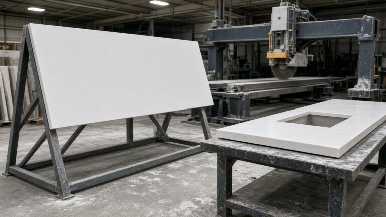 Quartz slab on a rack beside a bridge saw and a finished countertop with a sink cutout