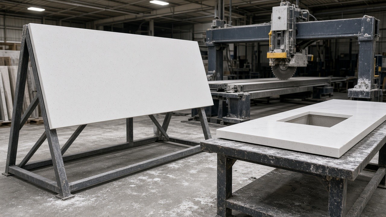 Quartz slab on a rack beside a bridge saw and a finished countertop with a sink cutout
