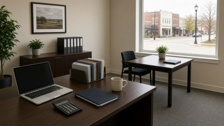 Small accounting office with a laptop, calculator, and folders, window onto a main street