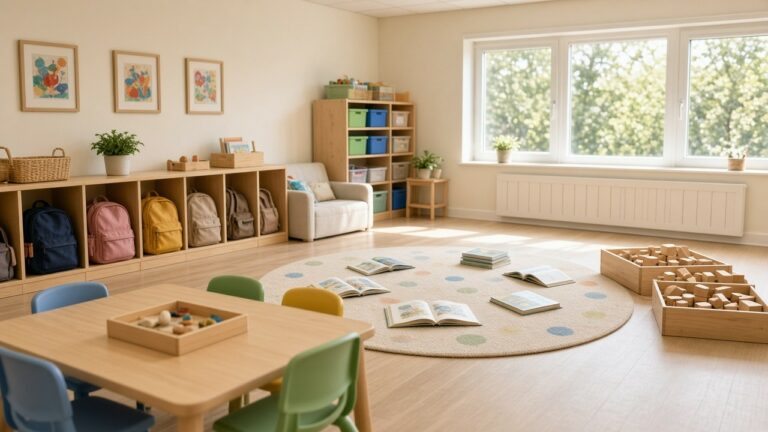Bright daycare classroom with cubbies, a reading rug, and small tables