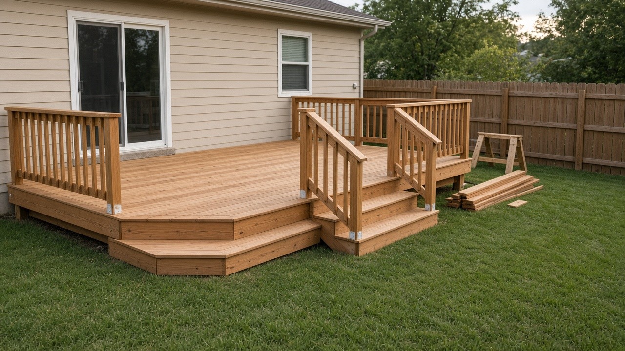 New cedar-toned deck with steps behind an Iowa ranch house and a new wood privacy fence