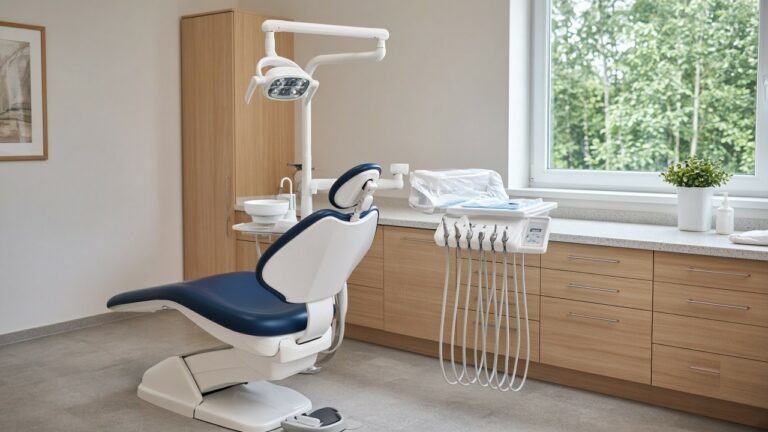 Clean, bright dental treatment room with a window looking out on trees