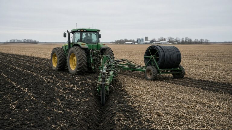 Tractor pulling a tile plow and reel of drainage tile across a harvested Iowa field