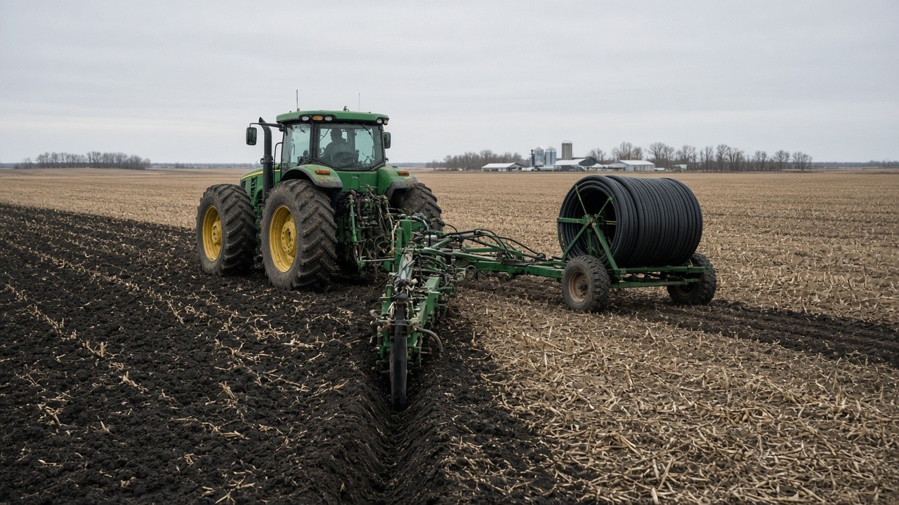 Tractor pulling a tile plow and reel of drainage tile across a harvested Iowa field