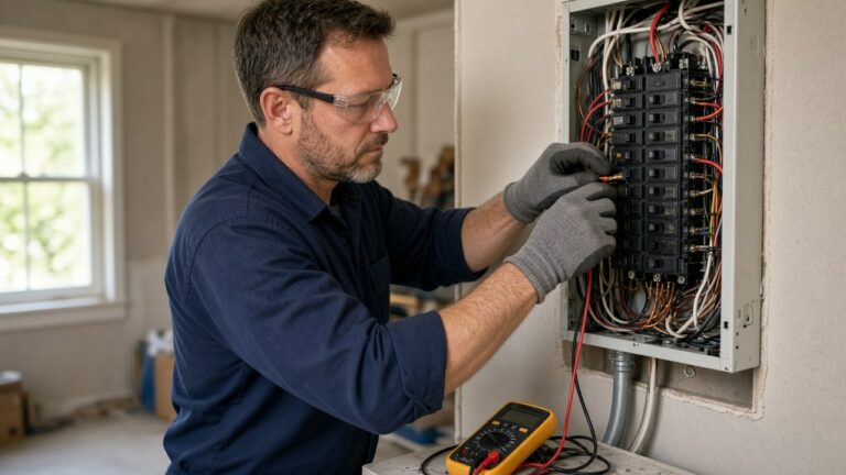 Electrician working at an open panel — services, towns, and call path in plain text