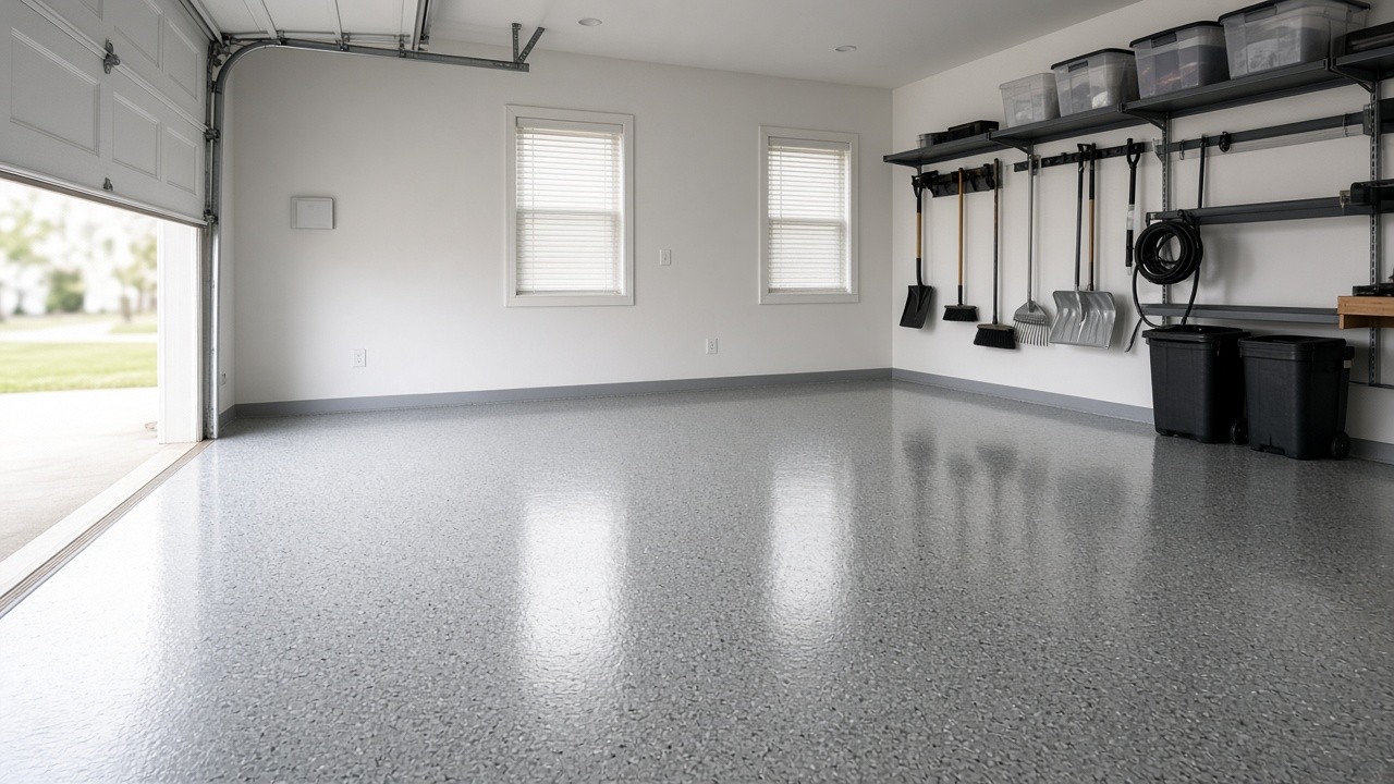Glossy gray flake epoxy floor in a clean two-car garage