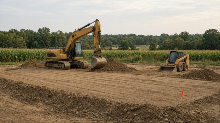 Excavator and skid steer beside a freshly graded building pad on a rural Iowa lot