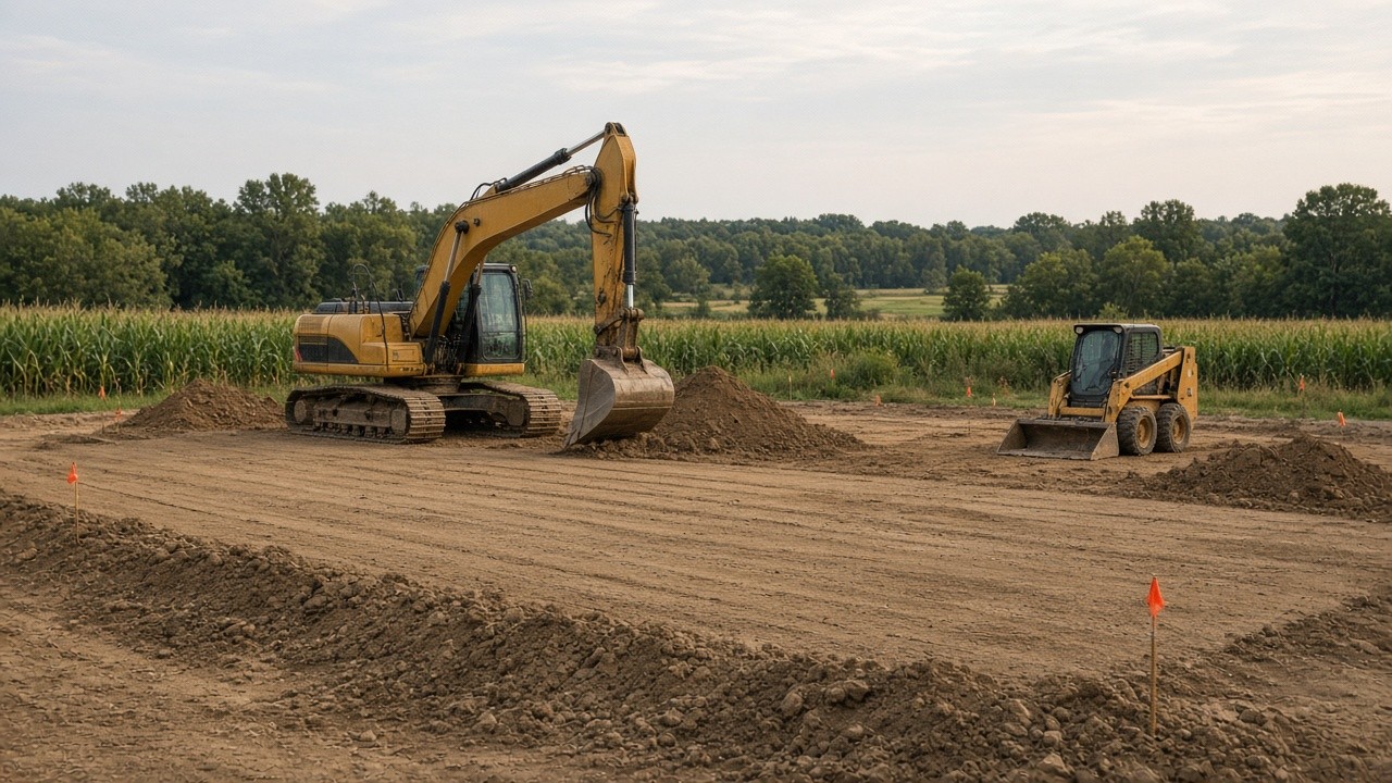 Excavator and skid steer beside a freshly graded building pad on a rural Iowa lot