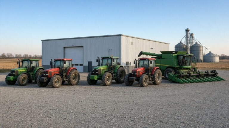 Tractors and a combine lined up in front of a dealership service shop in rural Iowa