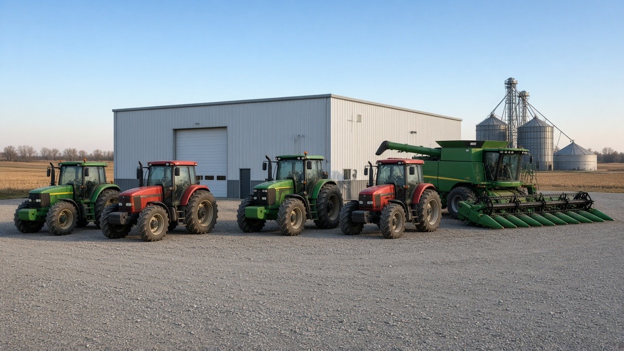 Tractors and a combine lined up in front of a dealership service shop in rural Iowa