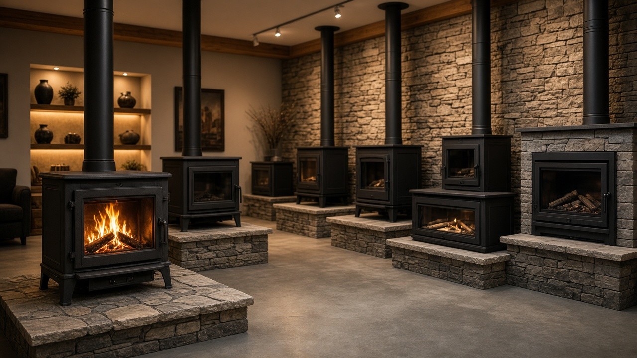 Wood stoves and fireplace inserts on stone pads in a hearth showroom