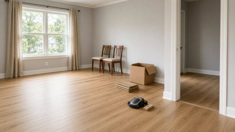 Finished luxury vinyl plank floor in a bright living room with sample boards stacked near the wall