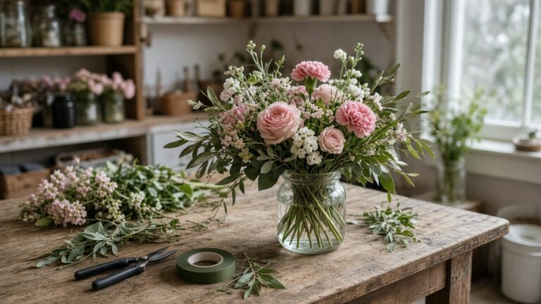 Fresh pink roses and carnations in a glass vase on a florist workbench with shears and floral tape