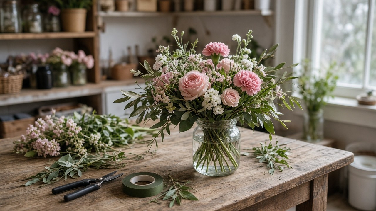 Fresh pink roses and carnations in a glass vase on a florist workbench with shears and floral tape
