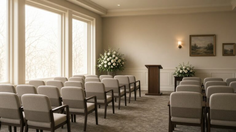 Quiet funeral home chapel with rows of chairs, a podium, and white flowers