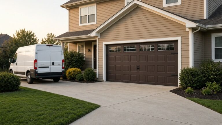 Newly installed carriage-style garage door on an Iowa home, service van parked in the driveway