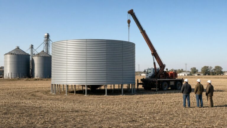Crane truck and crew building a new corrugated steel grain bin on an Iowa farm