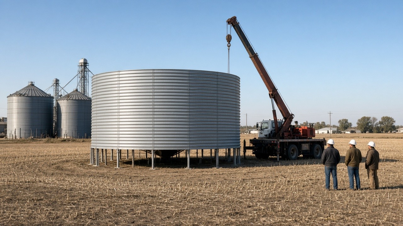 Crane truck and crew building a new corrugated steel grain bin on an Iowa farm