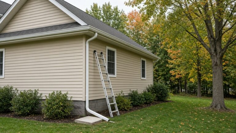 New seamless gutters and downspout on a two-story Iowa house with fall trees nearby