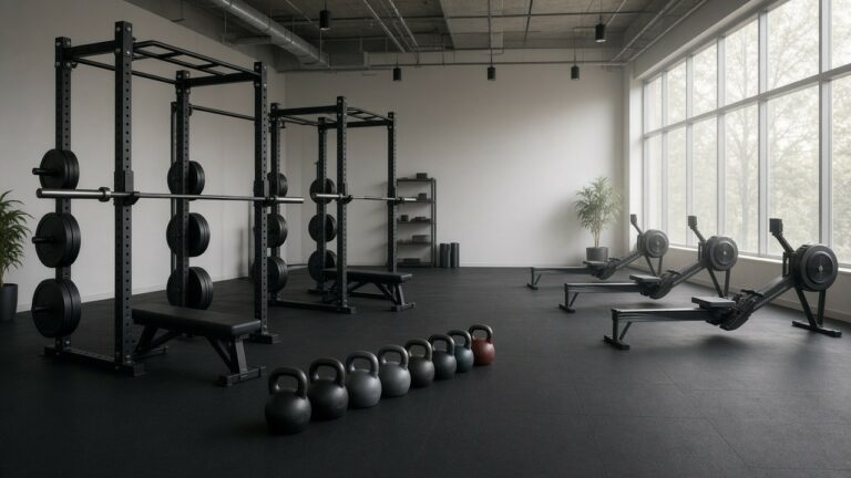 Empty local fitness studio with squat racks, kettlebells, and rowers