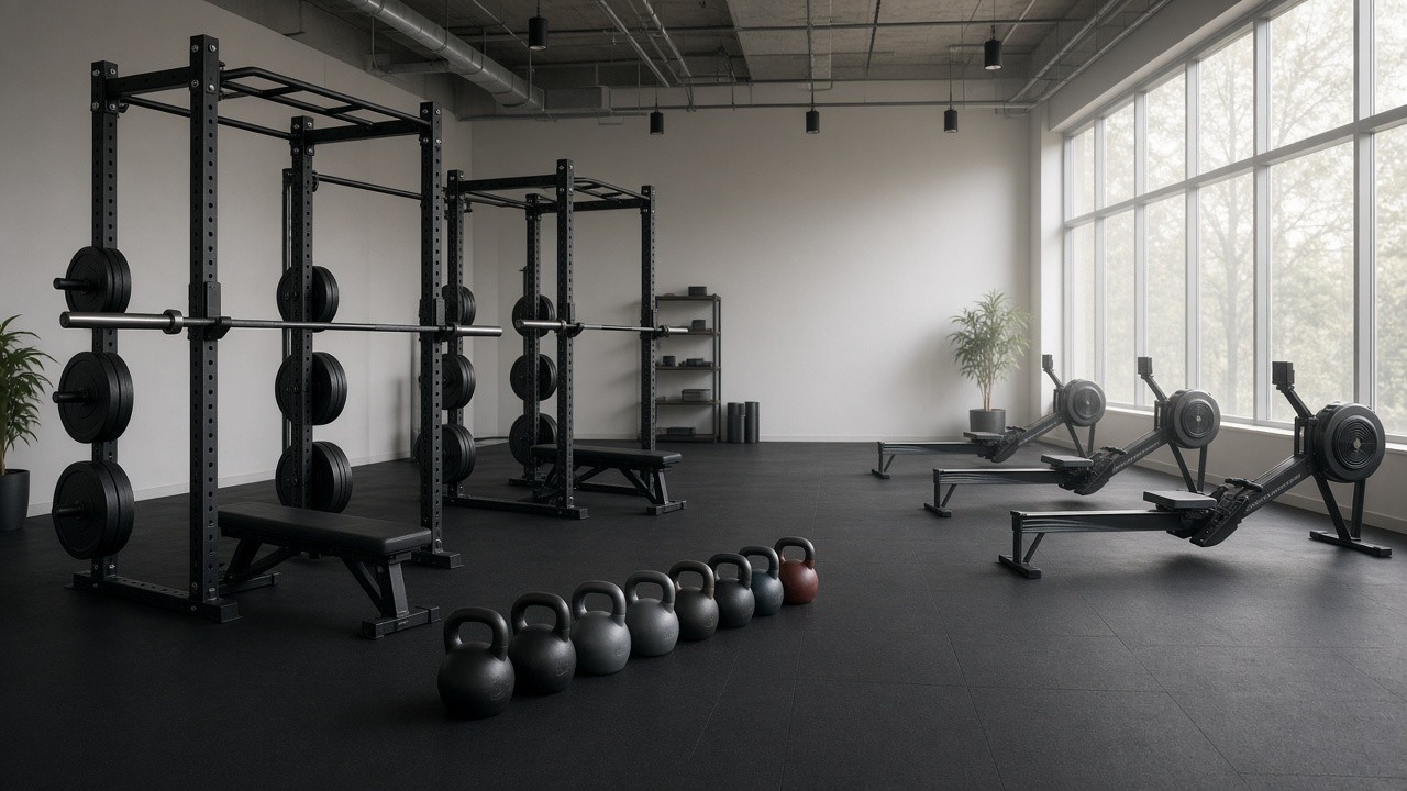 Empty local fitness studio with squat racks, kettlebells, and rowers
