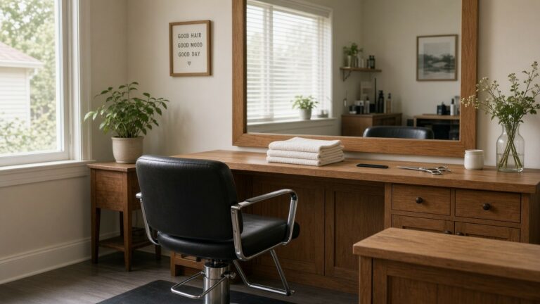 Quiet salon station with a black styling chair, wood vanity, scissors and towels by a sunlit mirror