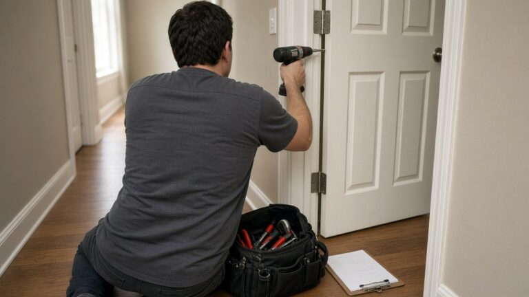 Handyman adjusting interior door hinges with a drill, tool bag on the floor