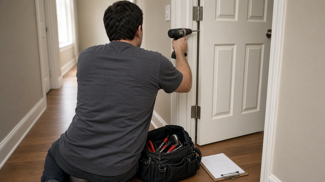 Handyman adjusting interior door hinges with a drill, tool bag on the floor