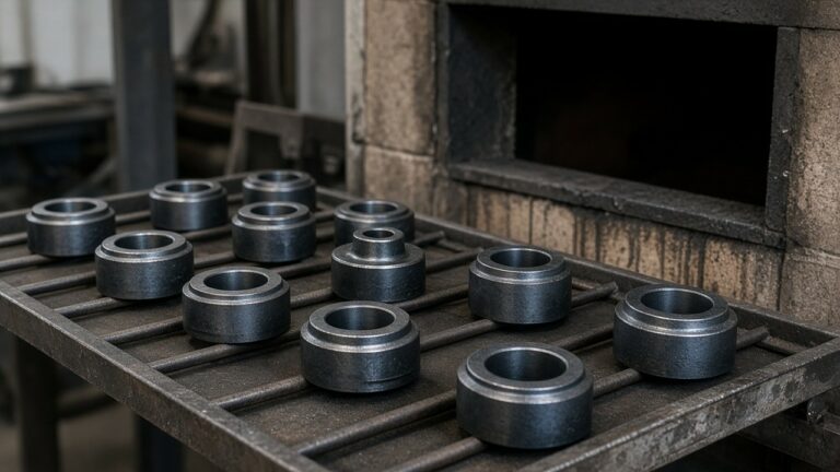 Treated steel parts on rack near furnace