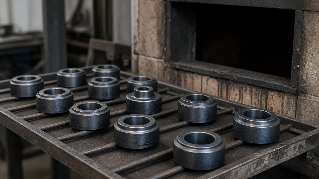 Treated steel parts on rack near furnace