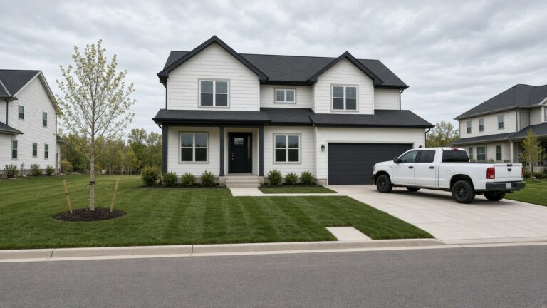 Newly built two-story home in an Iowa subdivision with fresh sod and a young staked tree