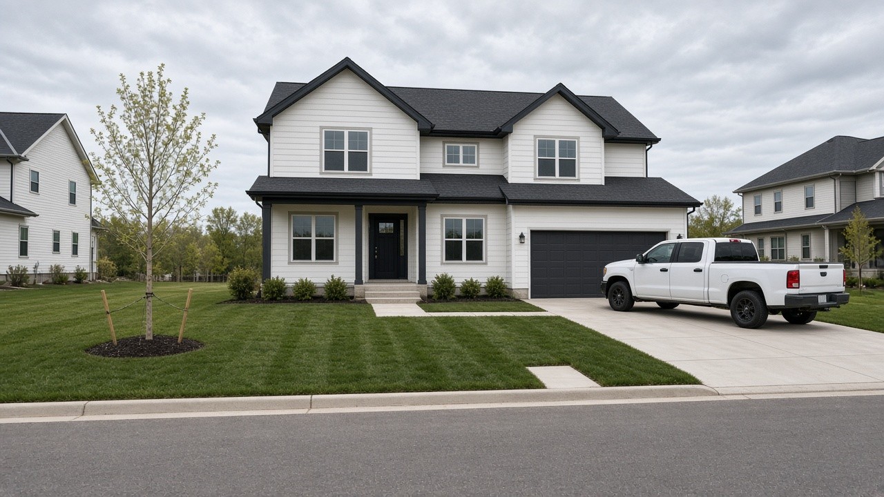 Newly built two-story home in an Iowa subdivision with fresh sod and a young staked tree