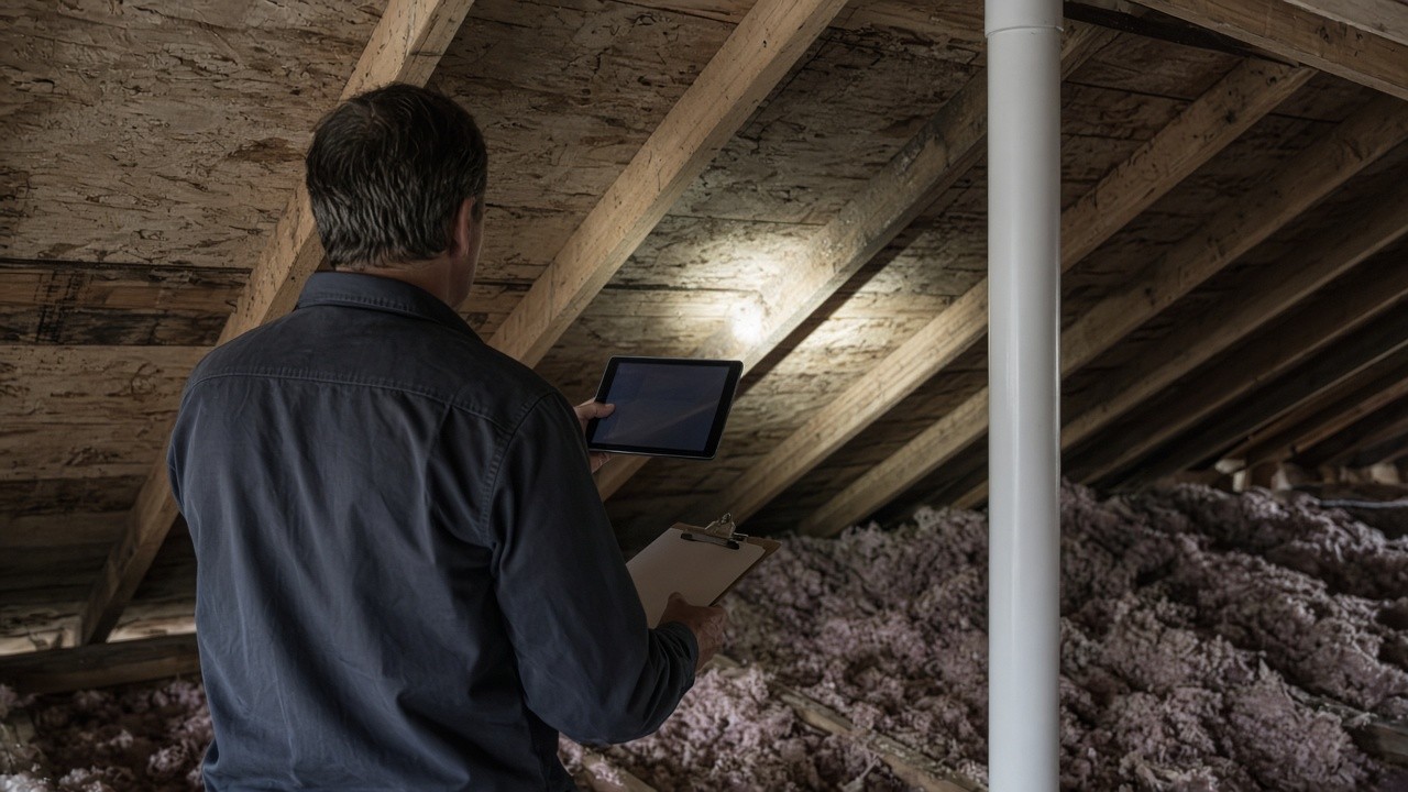 Home inspector checking roof sheathing and attic insulation with a tablet and clipboard