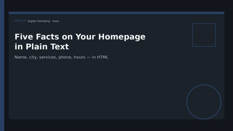 Name, city, services, phone, hours — in HTML