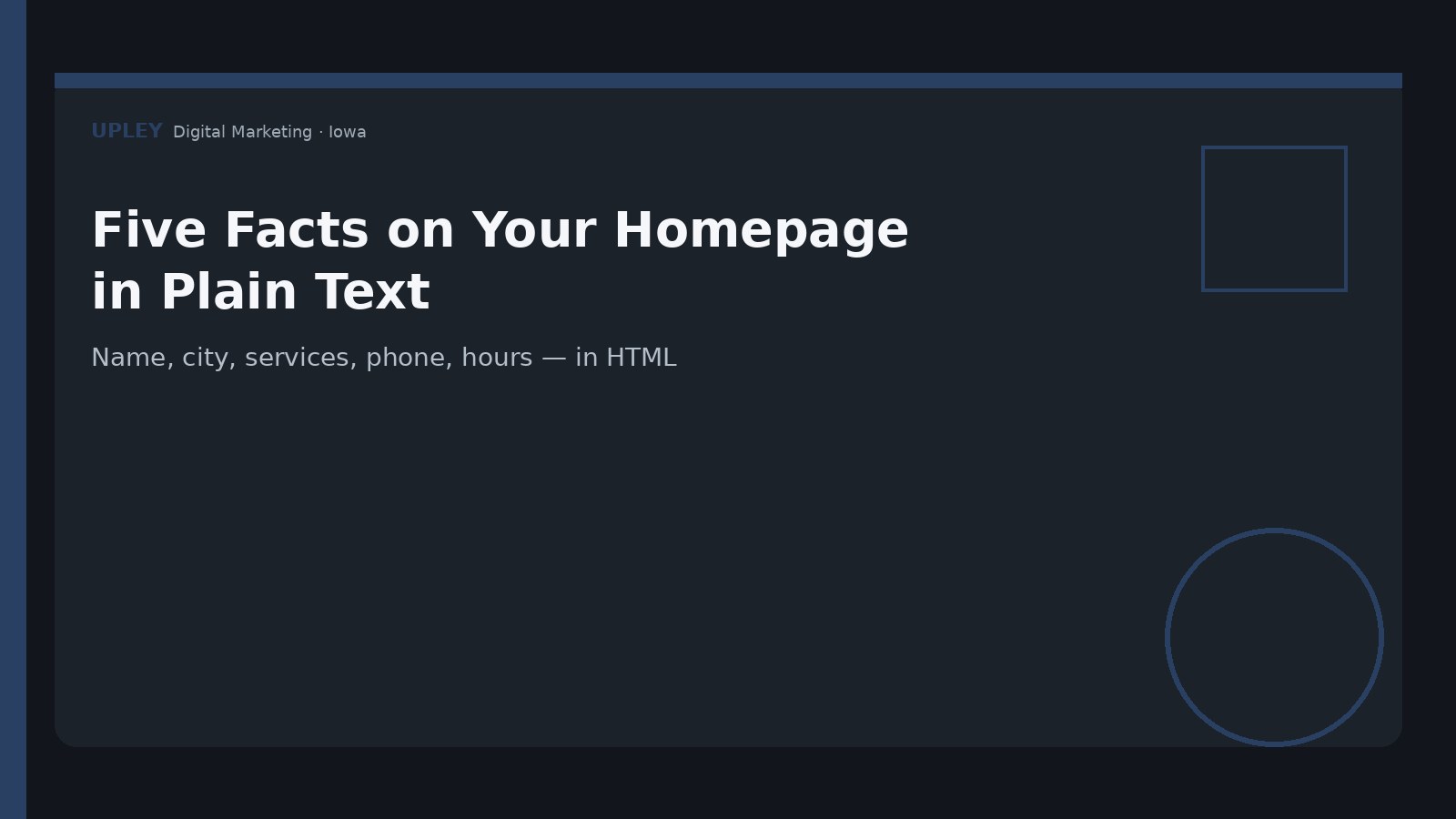 Name, city, services, phone, hours — in HTML