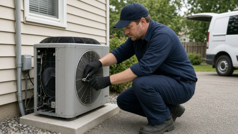 HVAC technician at outdoor condenser — services, towns, and call path in plain text