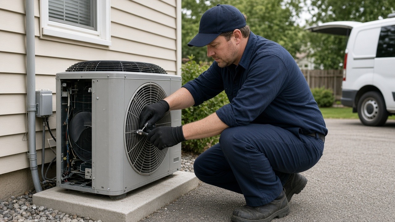 HVAC technician at outdoor condenser — services, towns, and call path in plain text